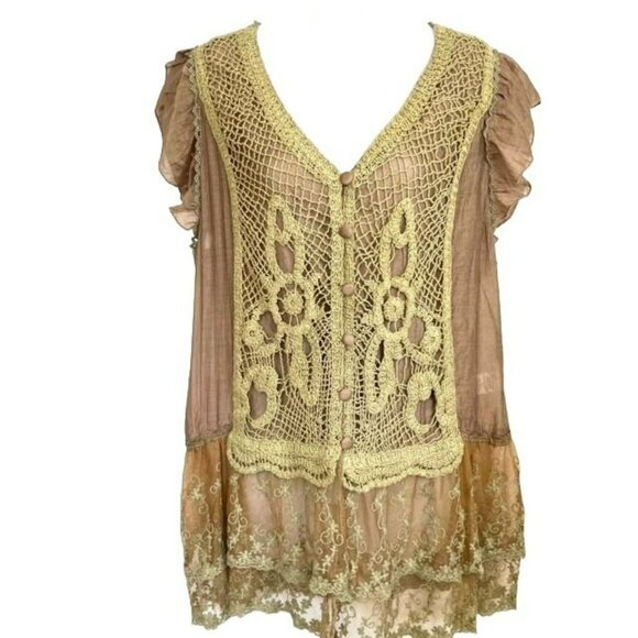 NWOT SCULLY BRONZE BEIGE SEMI-SHEER LAYERED LACE BLOUSE SIZE LARGE - Picture 1 of 13